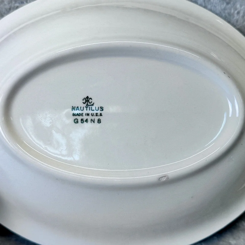 Vintage Nautilus Rose Oval Bowls Grannycore Set of‎ 2 Green Rim Floral Made USA